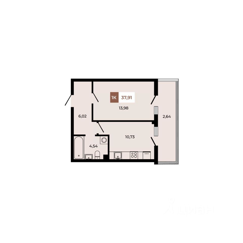 1-комн.кв., 37,9 м², 1/8 этаж