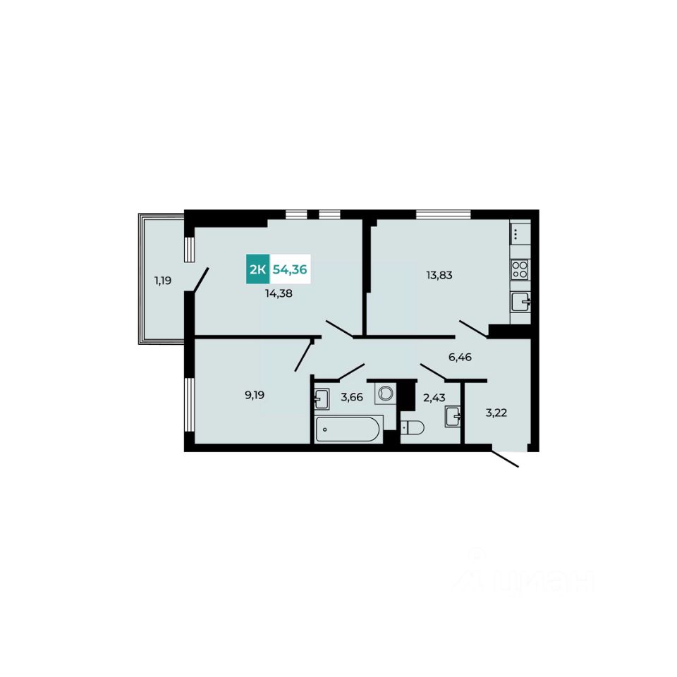 2-комн.кв., 54,4 м², 8/8 этаж