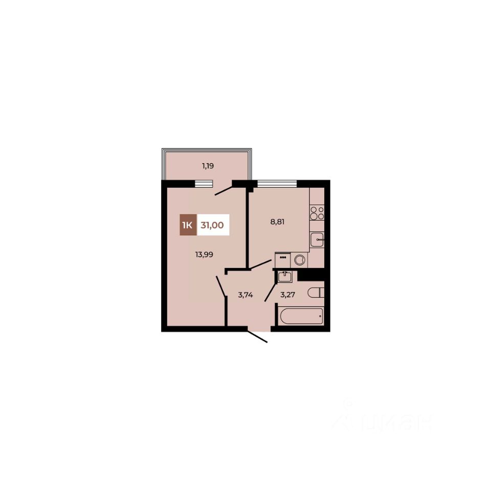 1-комн.кв., 31 м², 2/6 этаж