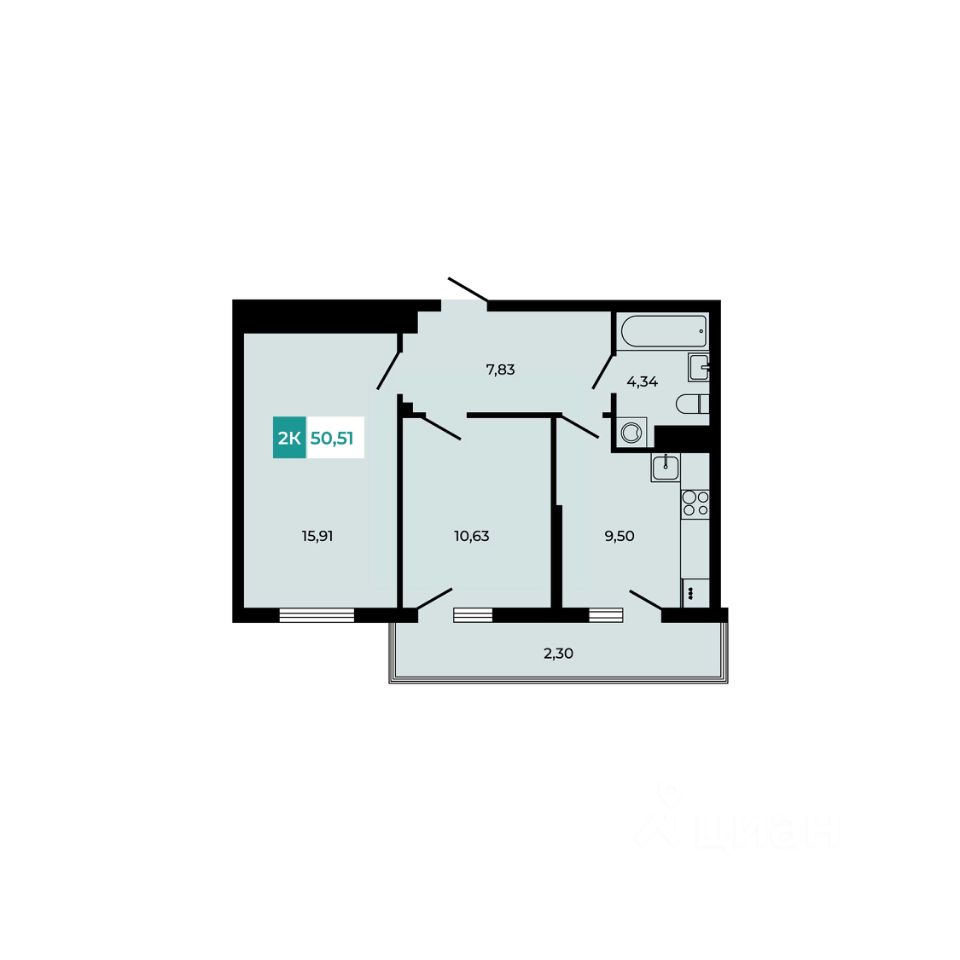 2-комн.кв., 50,5 м², 3/6 этаж