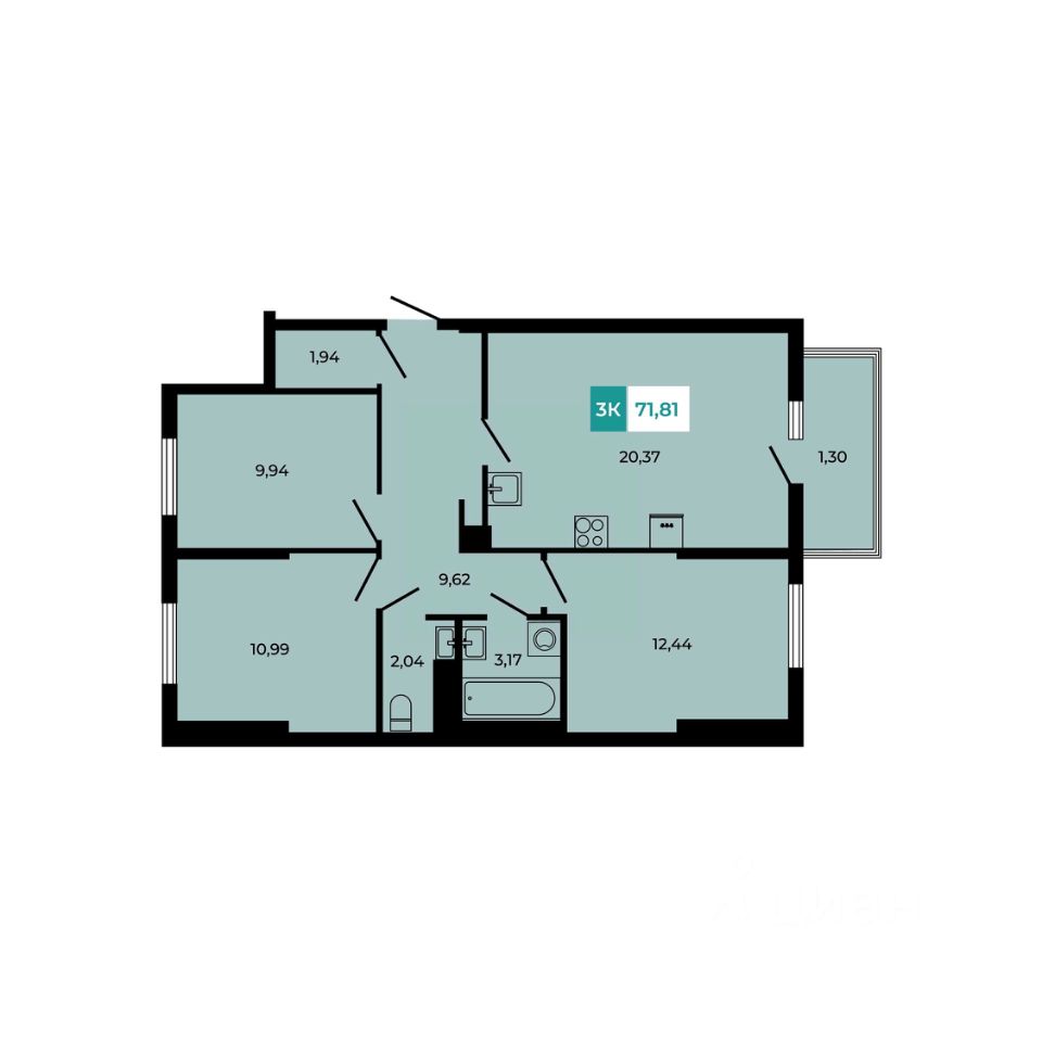 3-комн.кв., 71,8 м², 5/6 этаж
