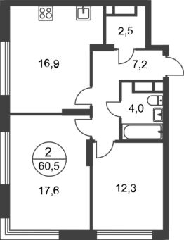 2-комн.кв., 61 м², этаж 3