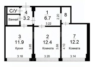 2-комн.кв., 52 м², этаж 3