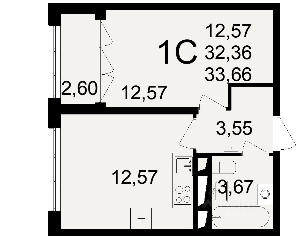 1-комн.кв., 33,6 м², 2/18 этаж