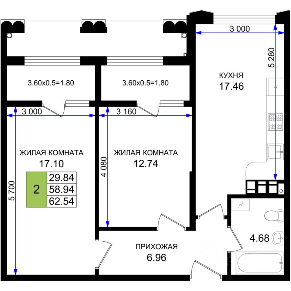 2-комн.кв., 62,5 м², 5/8 этаж