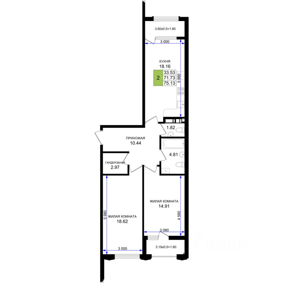 2-комн.кв., 75,1 м², 4/8 этаж