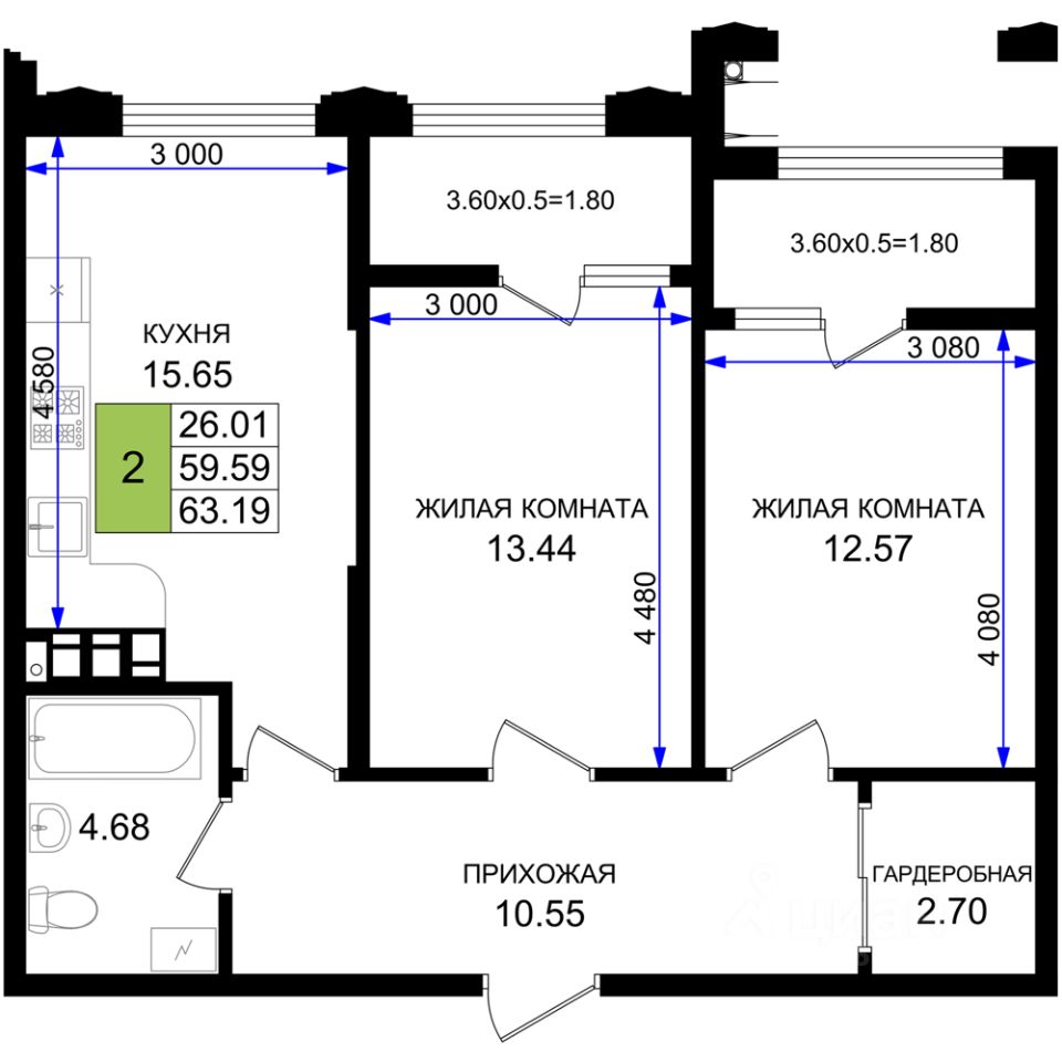 2-комн.кв., 63,2 м², 6/8 этаж