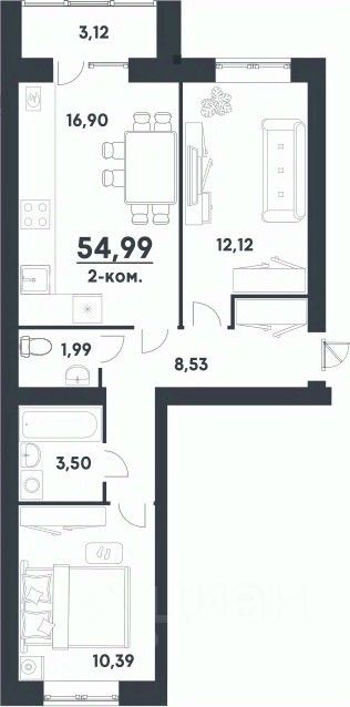 Продается2-комн.квартира,54,99м²