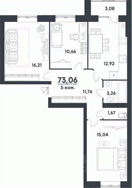 Продается3-комн.квартира,73,06м²