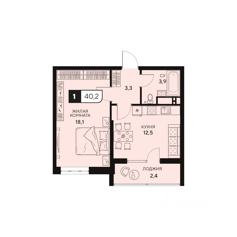 1-комн.кв., 40,2 м², 7/15 этаж