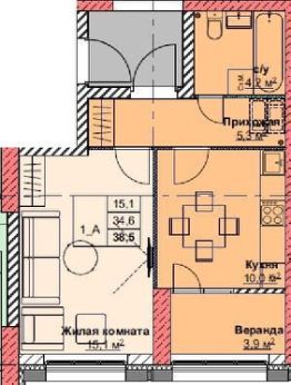 1-комн.кв., 39 м², этаж 1