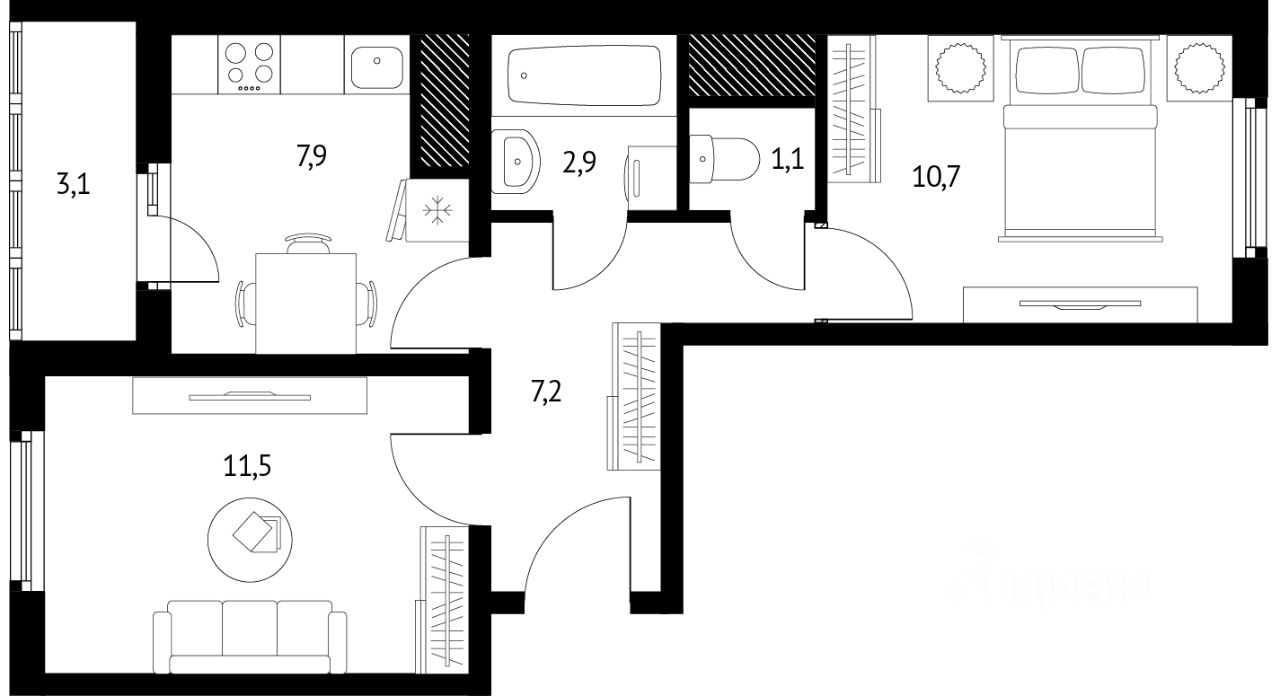 Планировка этой квартиры по данным Циан