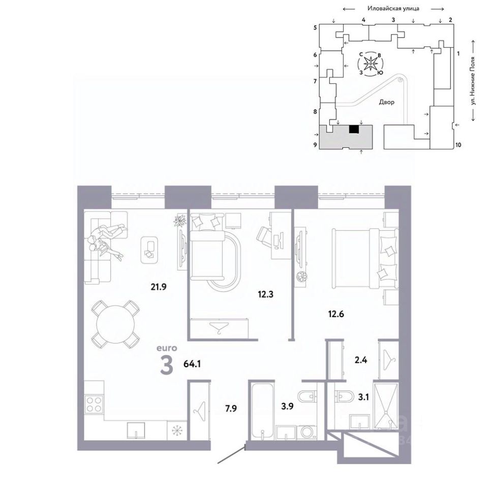 Продается3-комн.квартира,64,1м²