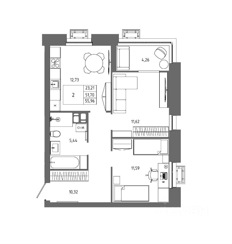 Продается2-комн.квартира,55,96м²