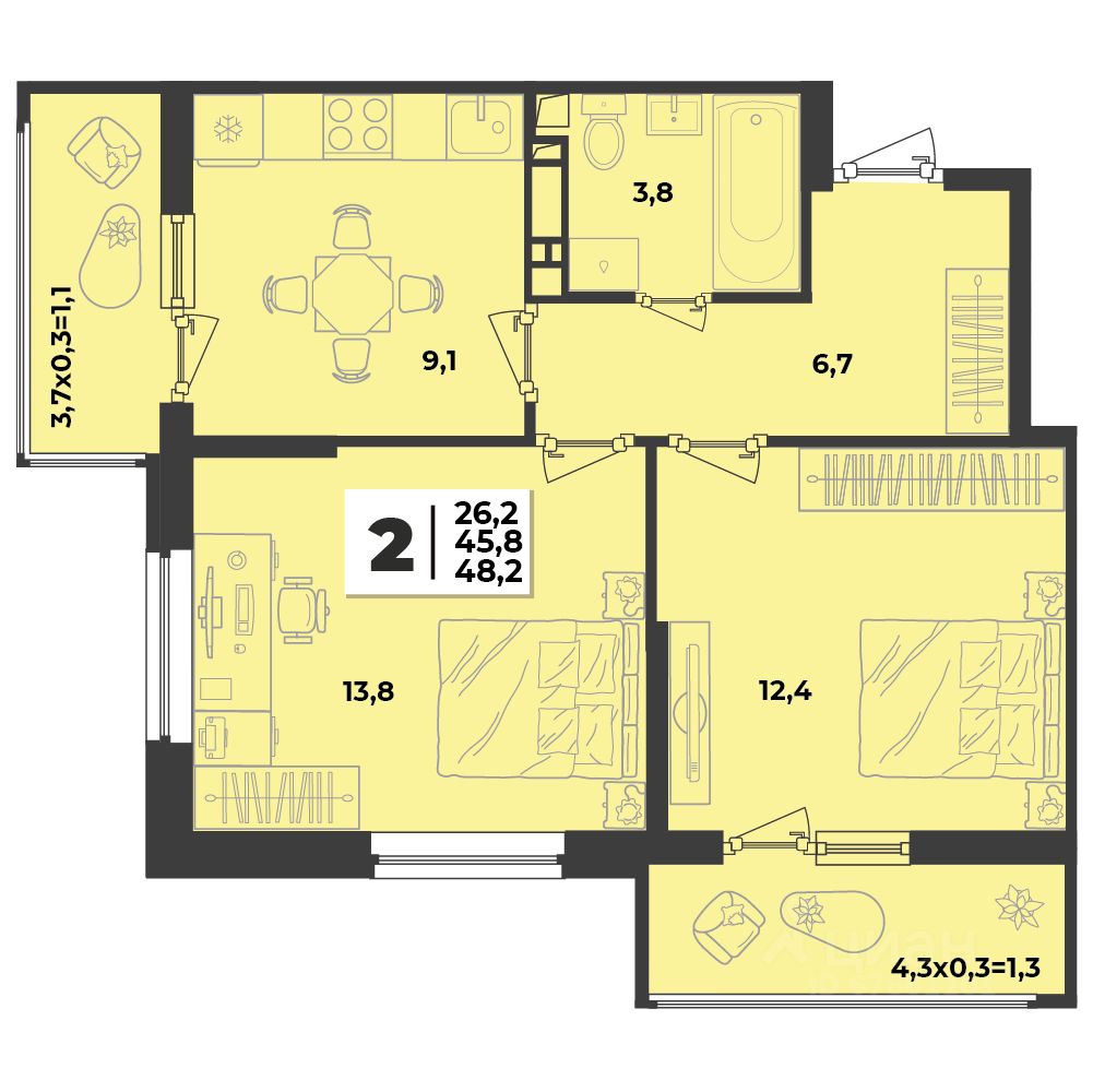 Продается2-комн.квартира,48,2м²