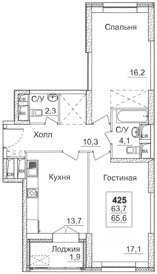 Планировка этой квартиры по данным Циан