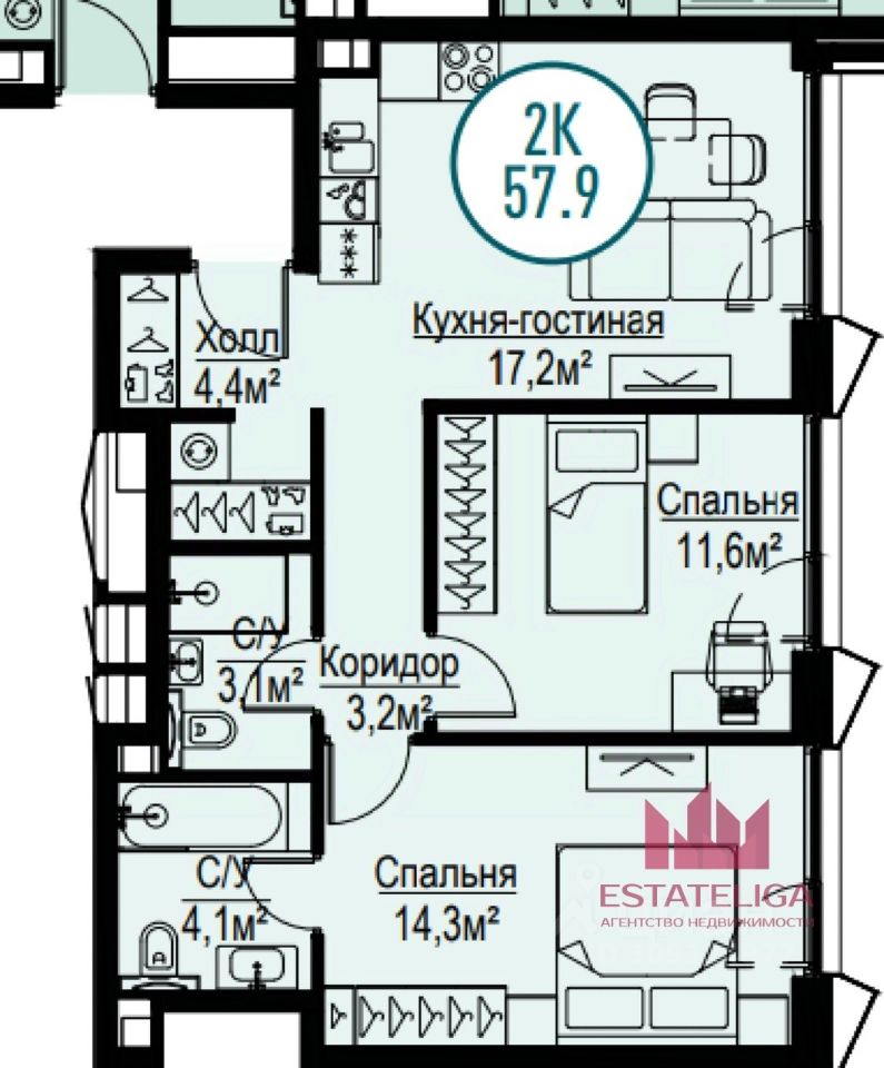 Продается2-комн.квартира,58м²