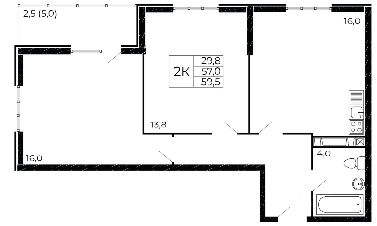 2-комн.кв., 59,6 м², 17/19 этаж
