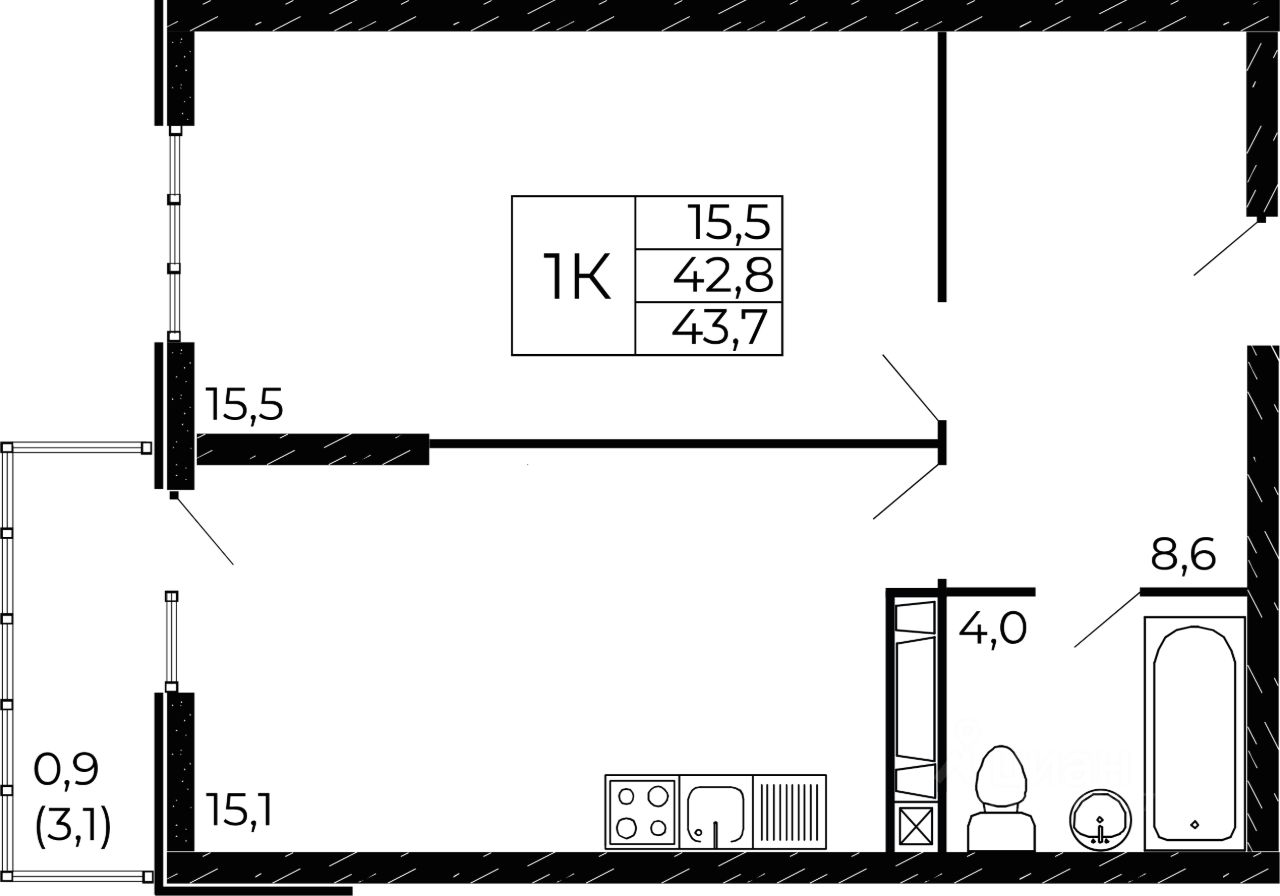 1-комн.кв., 43,7 м², 14/19 этаж