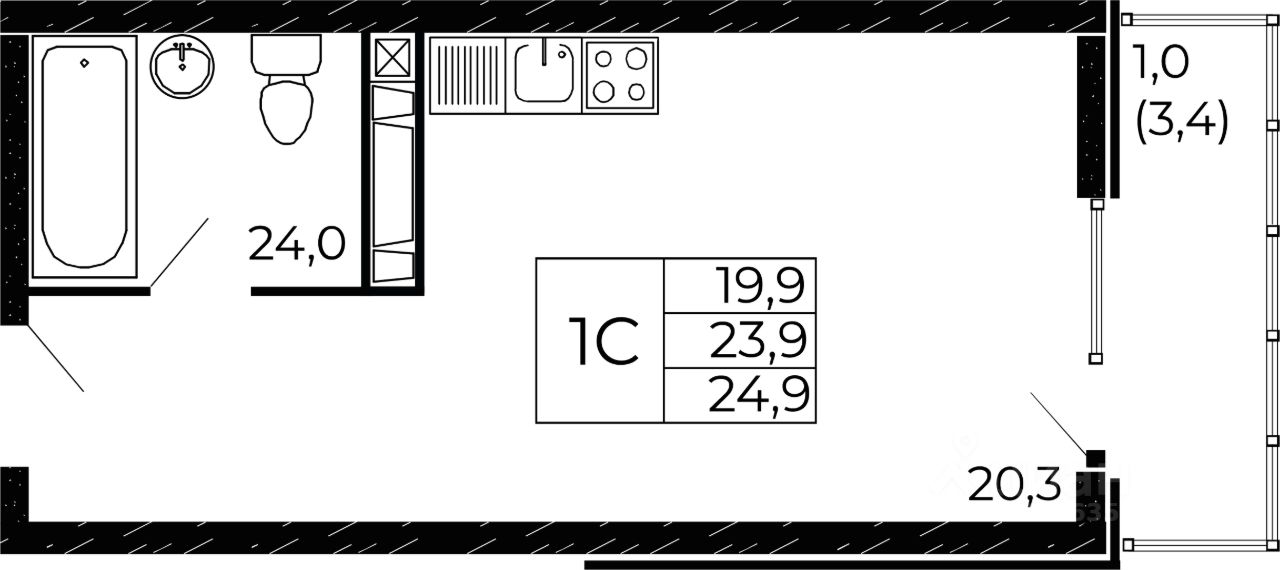 Студия, 24,9 м², 18/19 этаж