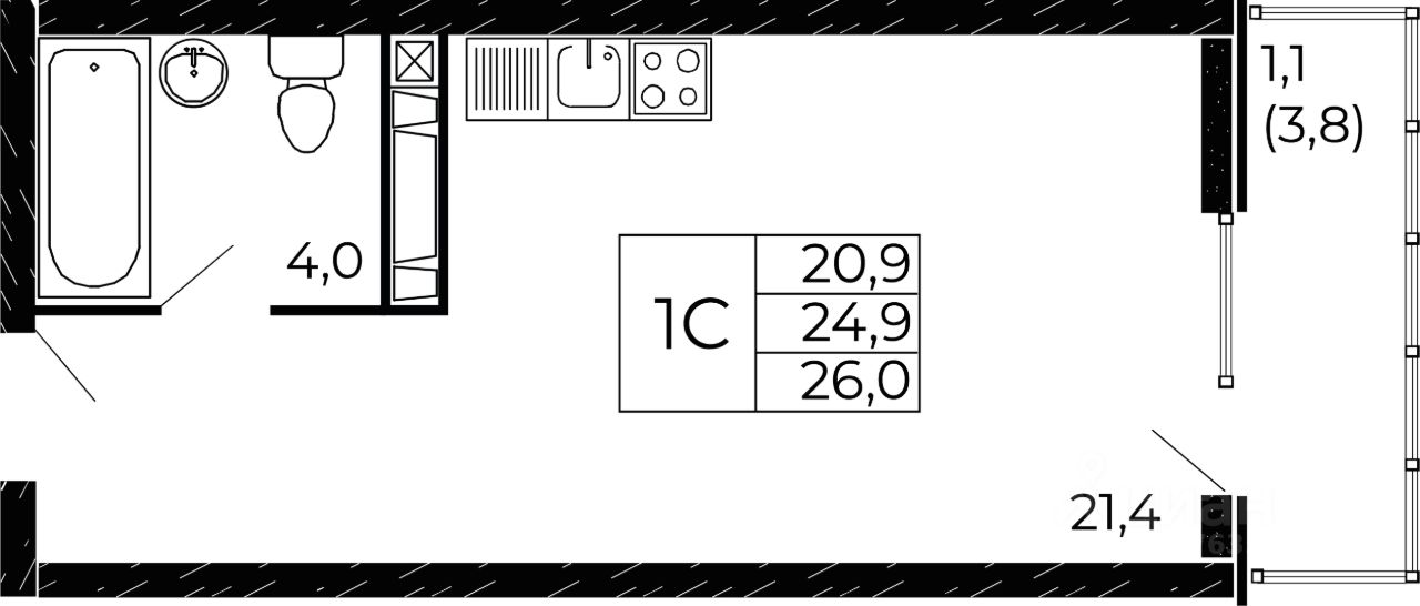 Студия, 26 м², 18/19 этаж
