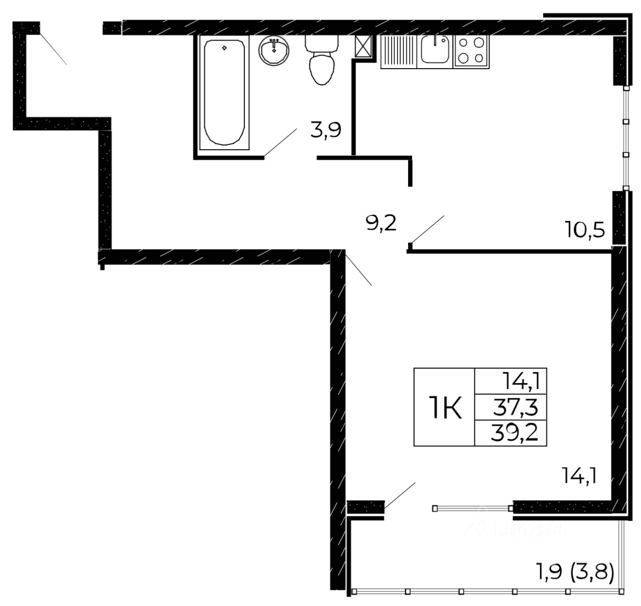 1-комн.кв., 39,4 м², 6/19 этаж