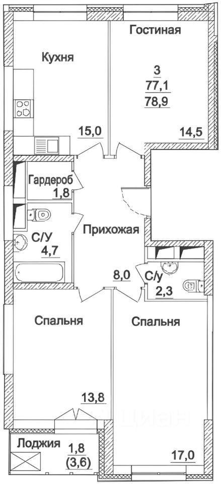 Планировка этой квартиры по данным Циан