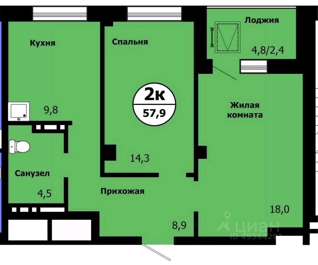 2-комн.кв., 56,7 м², 18/19 этаж