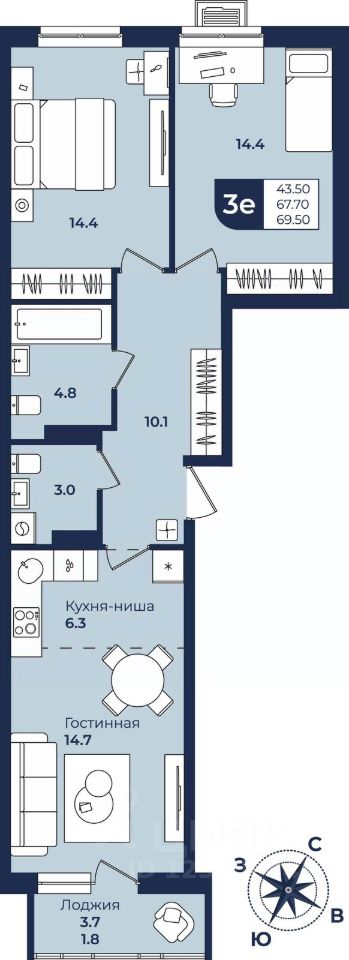 Продается3-комн.квартира,69,5м²