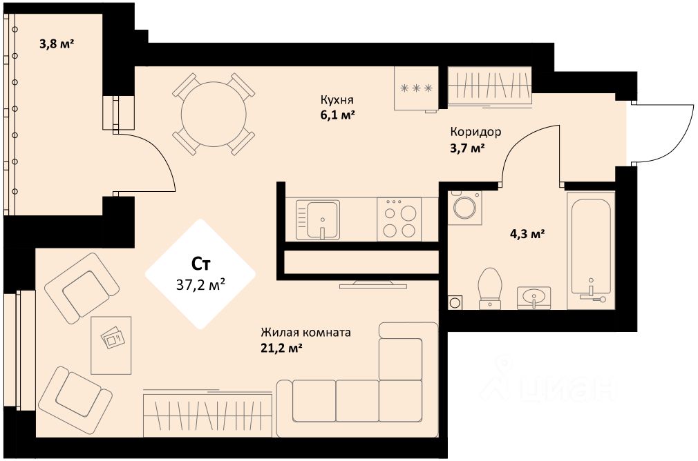 Планировка квартир 108 Продаю квартиру-студию 37.2м² просп. Космонавтов, 108/3, Екатеринбург, Свердловс