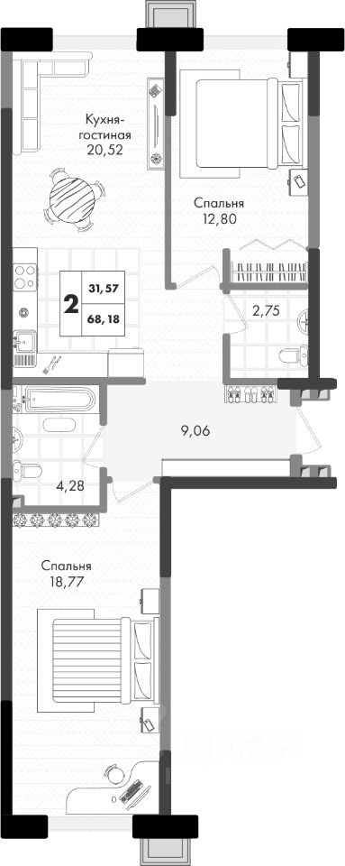 Планировка ЖК Зелёная территория — Двухкомнатная: 68,18 м²