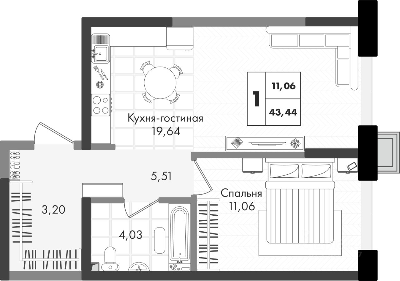 Планировка ЖК Зелёная территория — Однокомнатная: 43,44 м²
