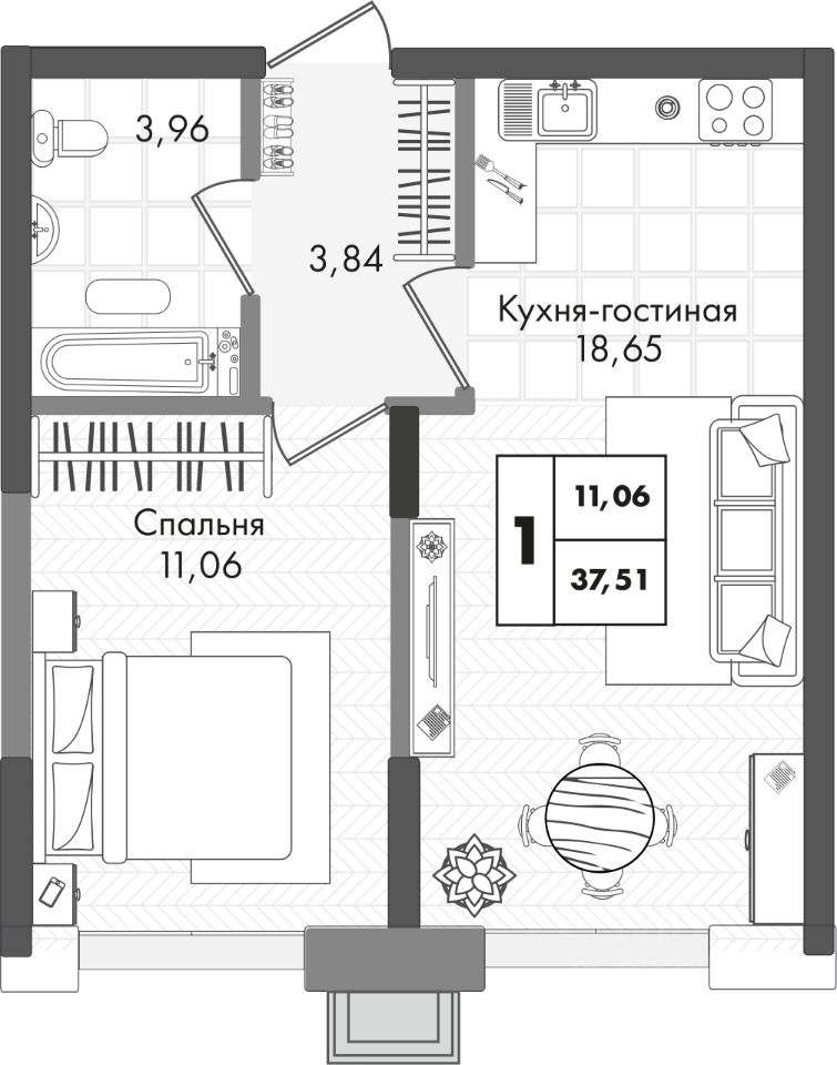 Планировка ЖК Зелёная территория — Однокомнатная: 37,51 м²