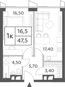 2-комн.кв., 48 м², этаж 25