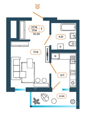 1-комн.кв., 31,4 м², 11/14 этаж