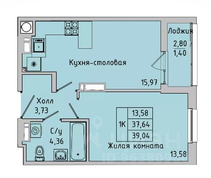 1-комн.кв., 39 м², 8/10 этаж