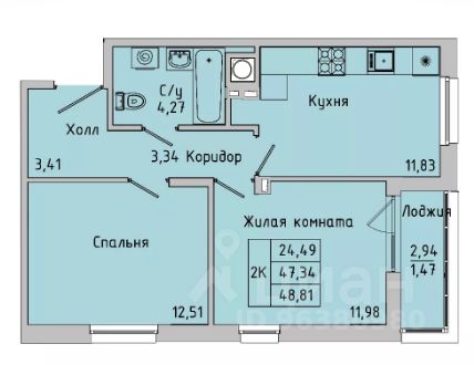 2-комн.кв., 48,8 м², 1/10 этаж