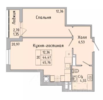 2-комн.кв., 45,8 м², 6/10 этаж