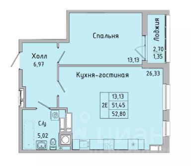 2-комн.кв., 52,8 м², 5/10 этаж