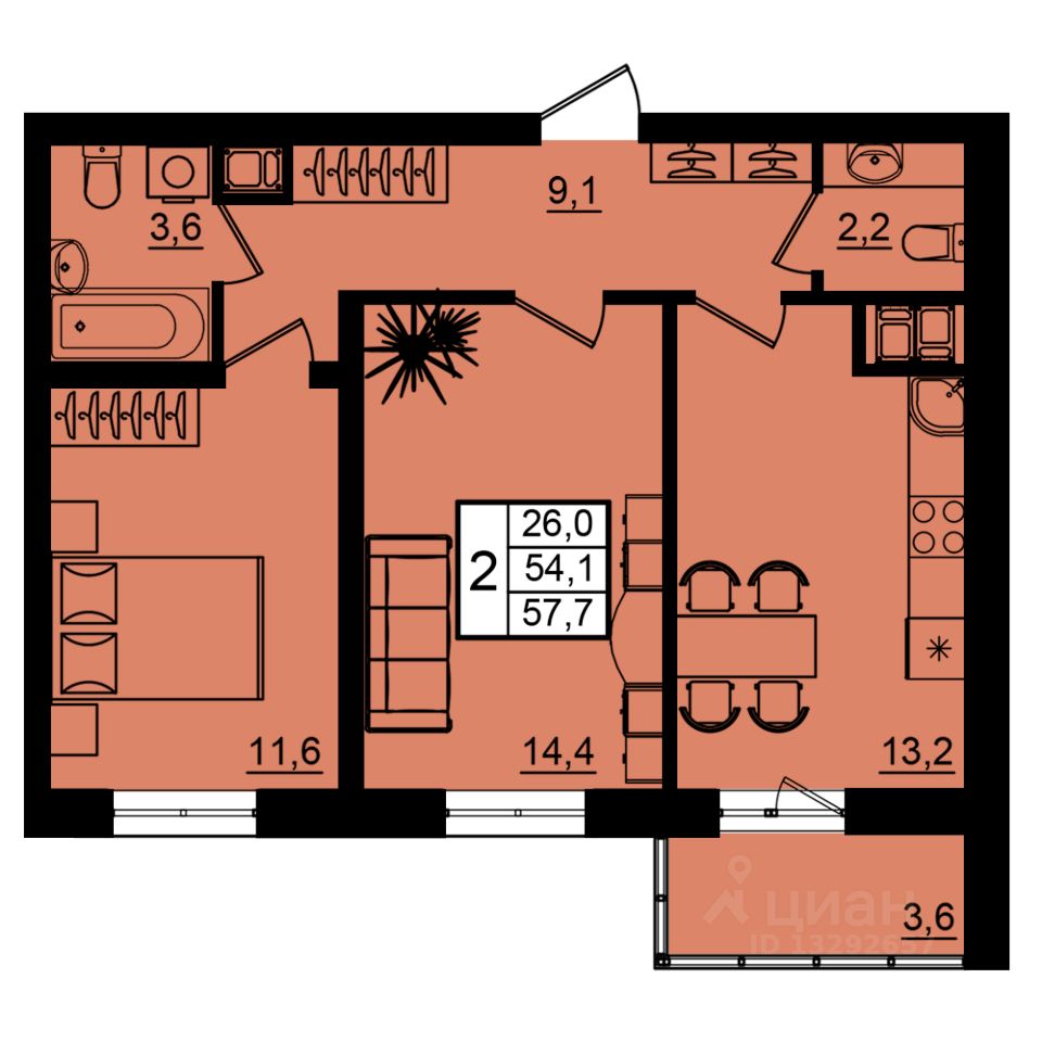 Продается2-комн.квартира,57,7м²