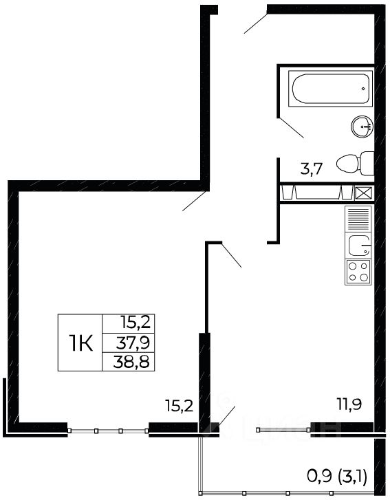 1-комн.кв., 38,8 м², 7/18 этаж