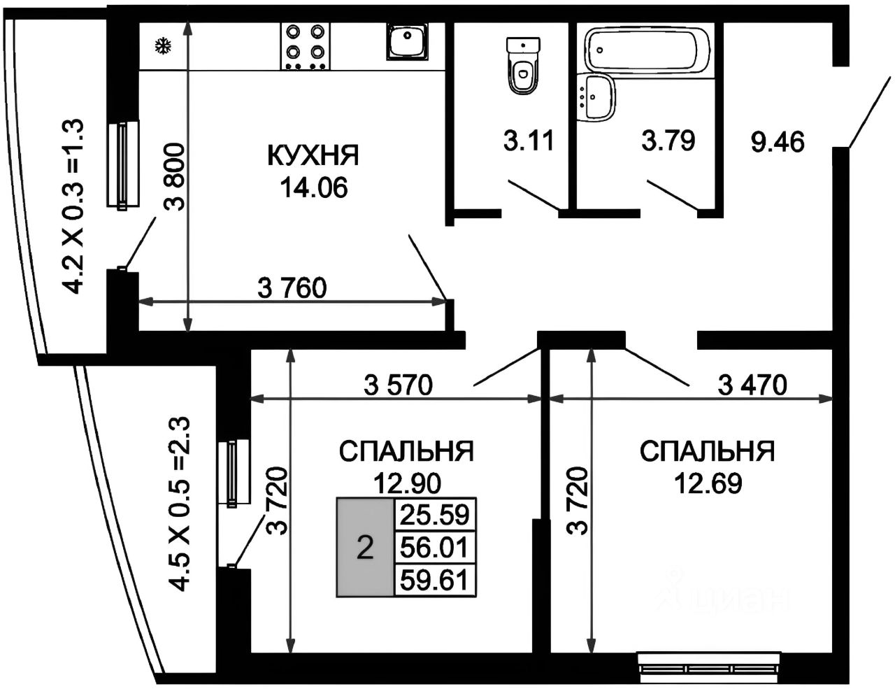 Планировка этой квартиры по данным Циан