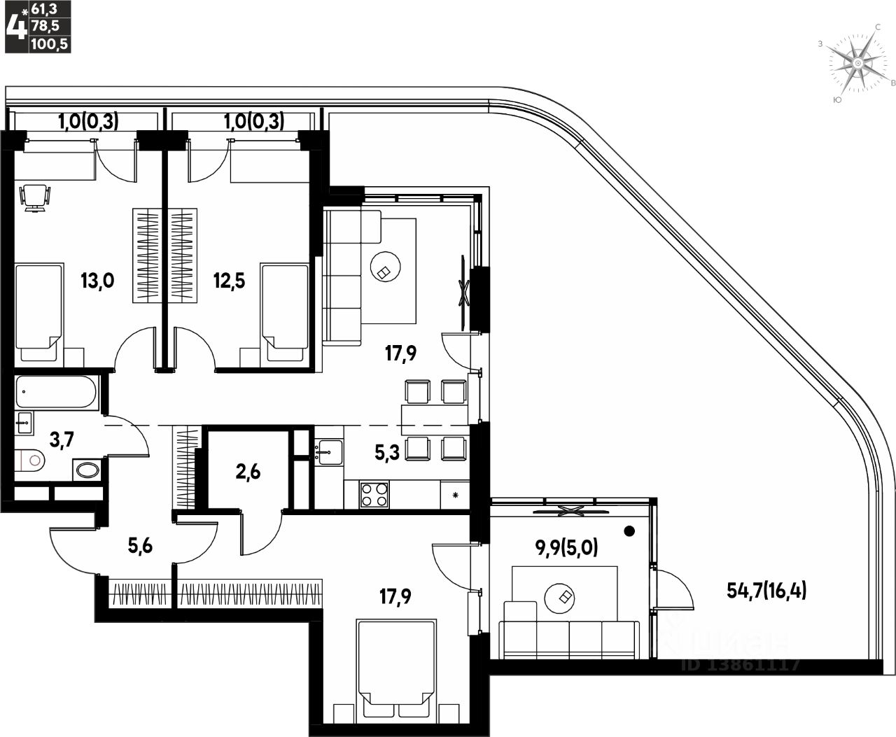 Продается4-комн.квартира,100,5м²