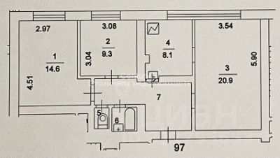 3-комн.кв., 65 м², этаж 14