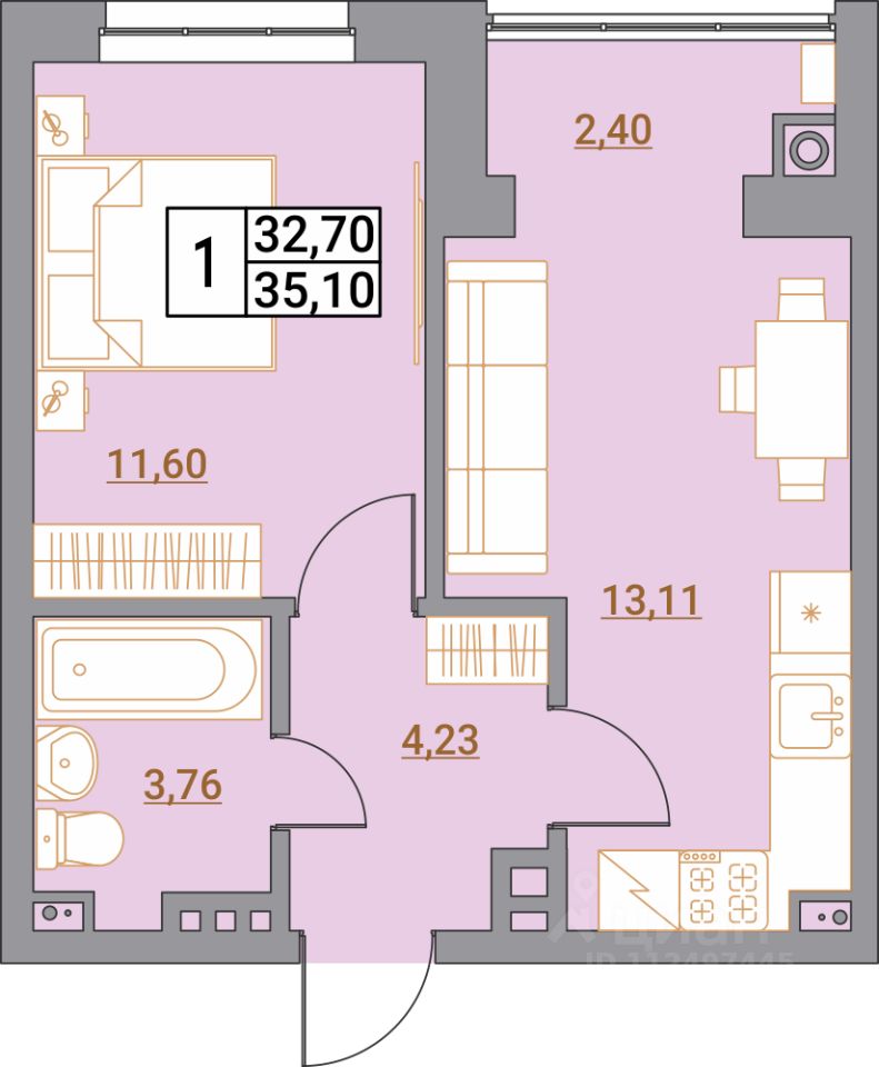1-комн.кв., 35,1 м², 2/5 этаж