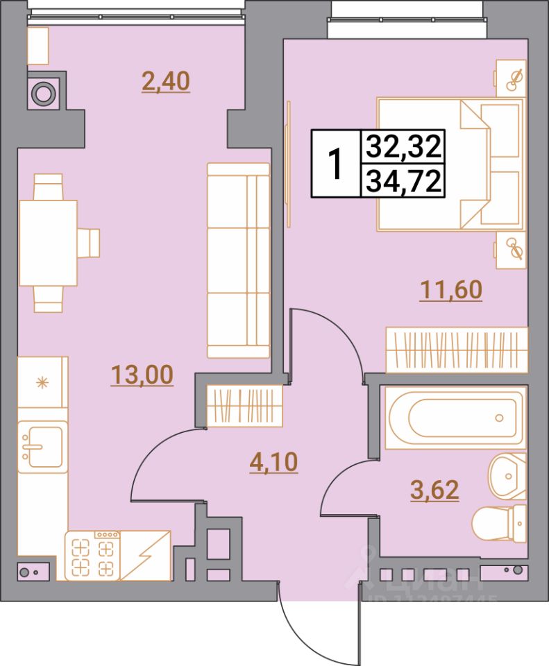 1-комн.кв., 34,7 м², 5/5 этаж