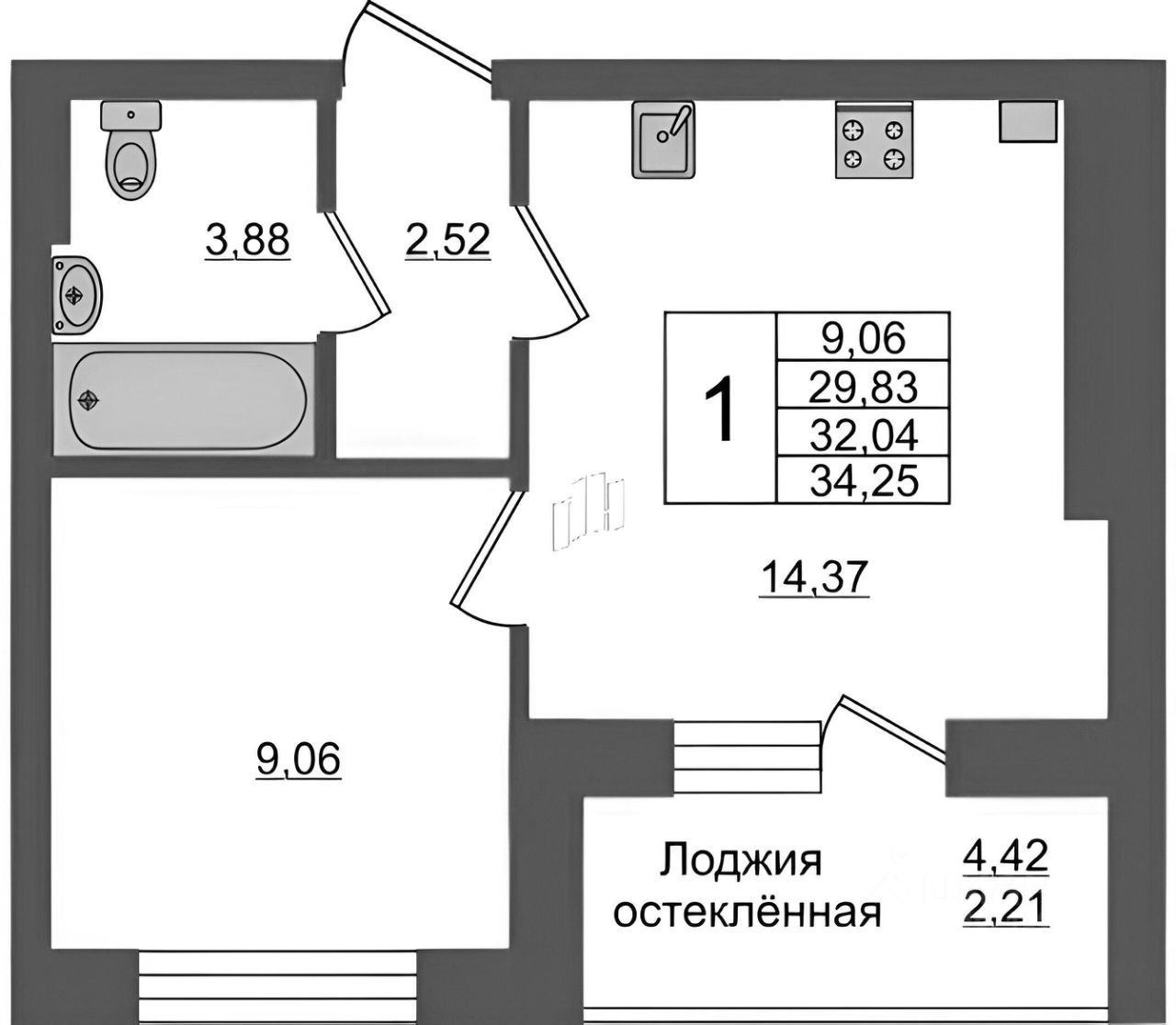 Планировка этой квартиры по данным Циан