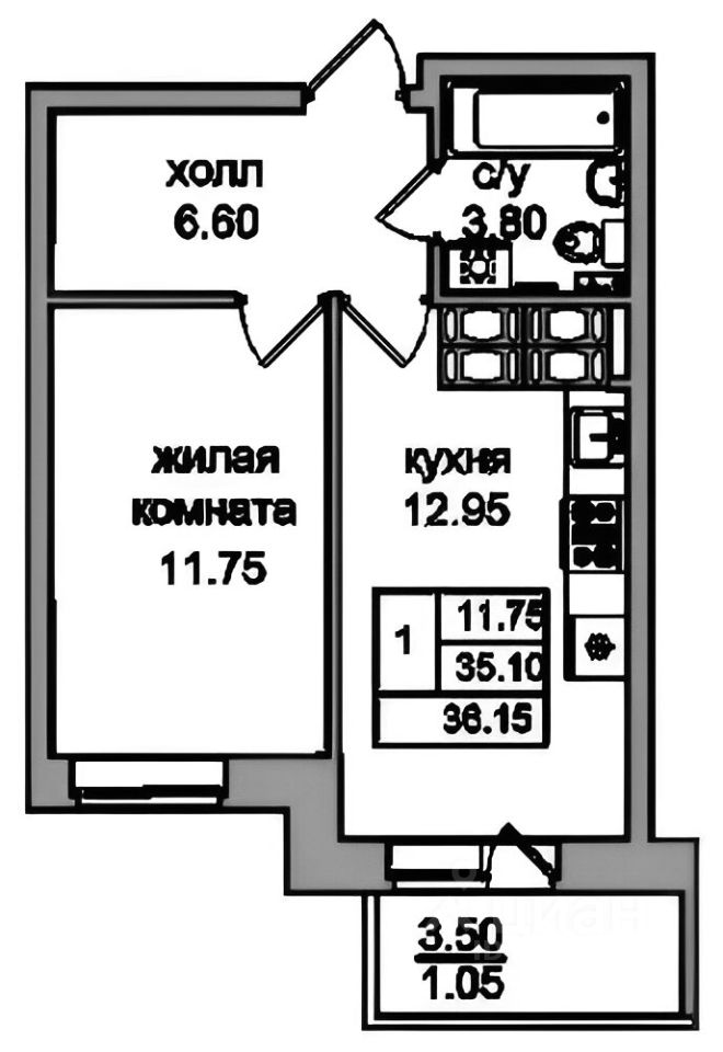 Планировка этой квартиры по данным Циан