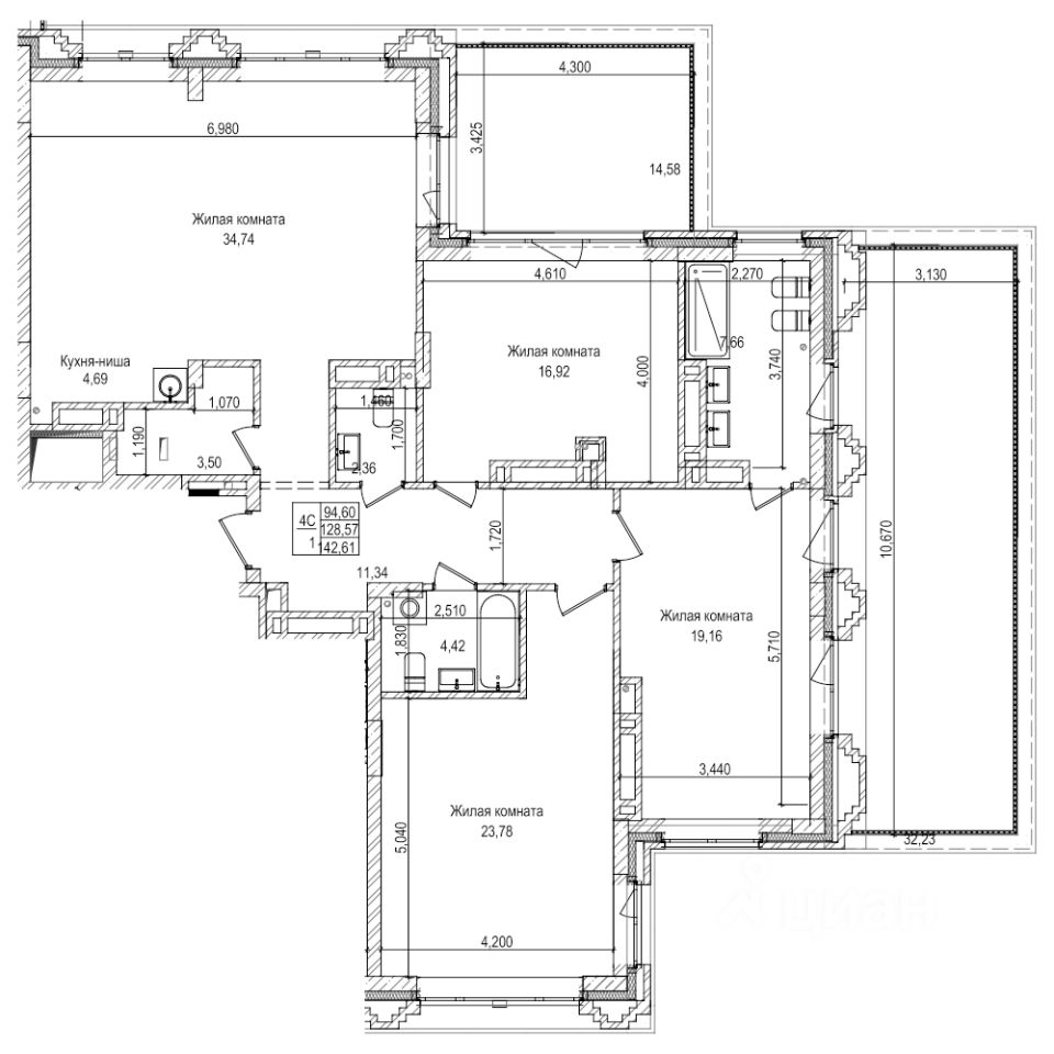 3-комн.кв., 128,5 м², 22/22 этаж