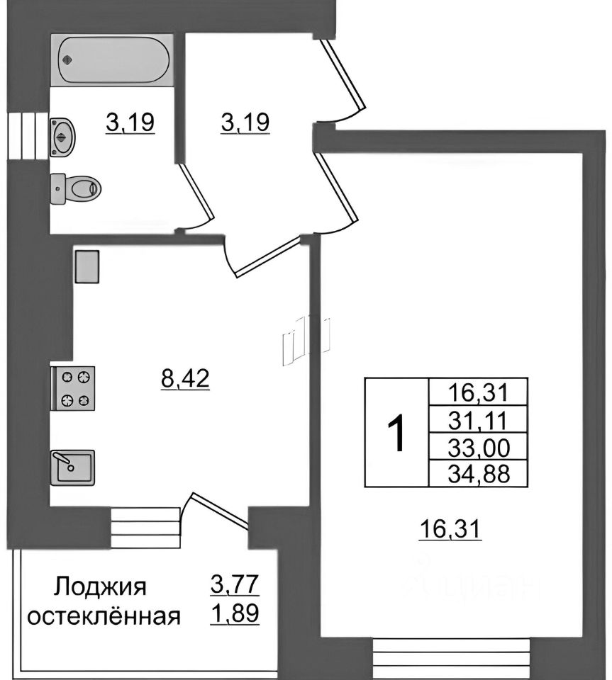 Планировка этой квартиры по данным Циан